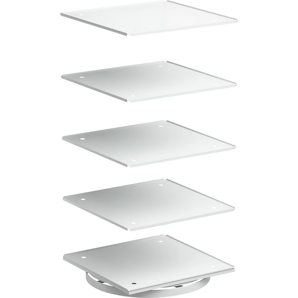 Five white, square trays, some with pre-drilled holes, the bottom one on a rotating base.