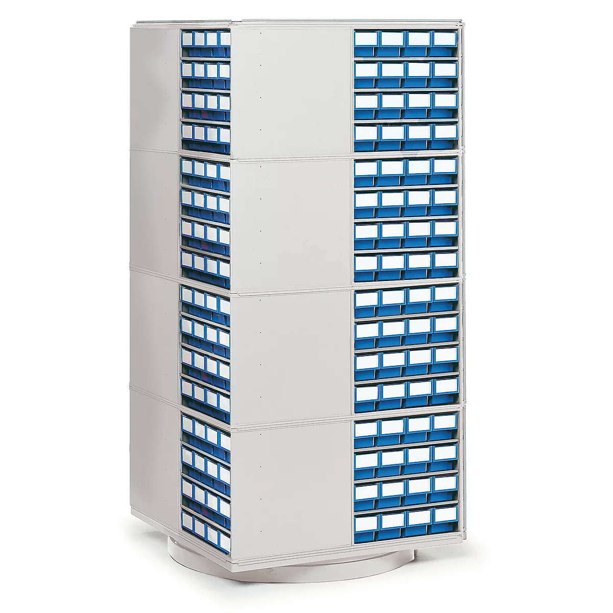A gray, rotating cabinet with many small blue drawers.