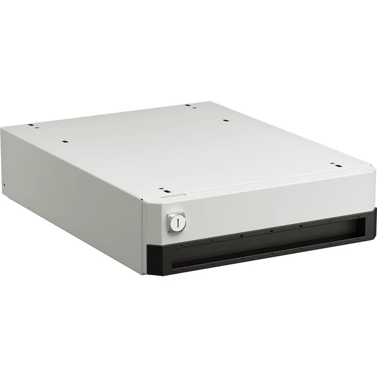Hellgraue Schublade mit schwarzem Boden. Vorne Schloss, oben Bohrlöcher.