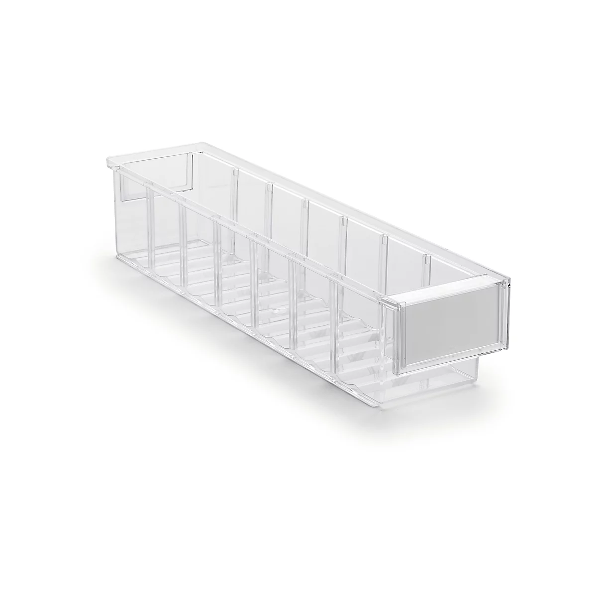 Clear plastic box with multiple compartments, ideal for storage.
