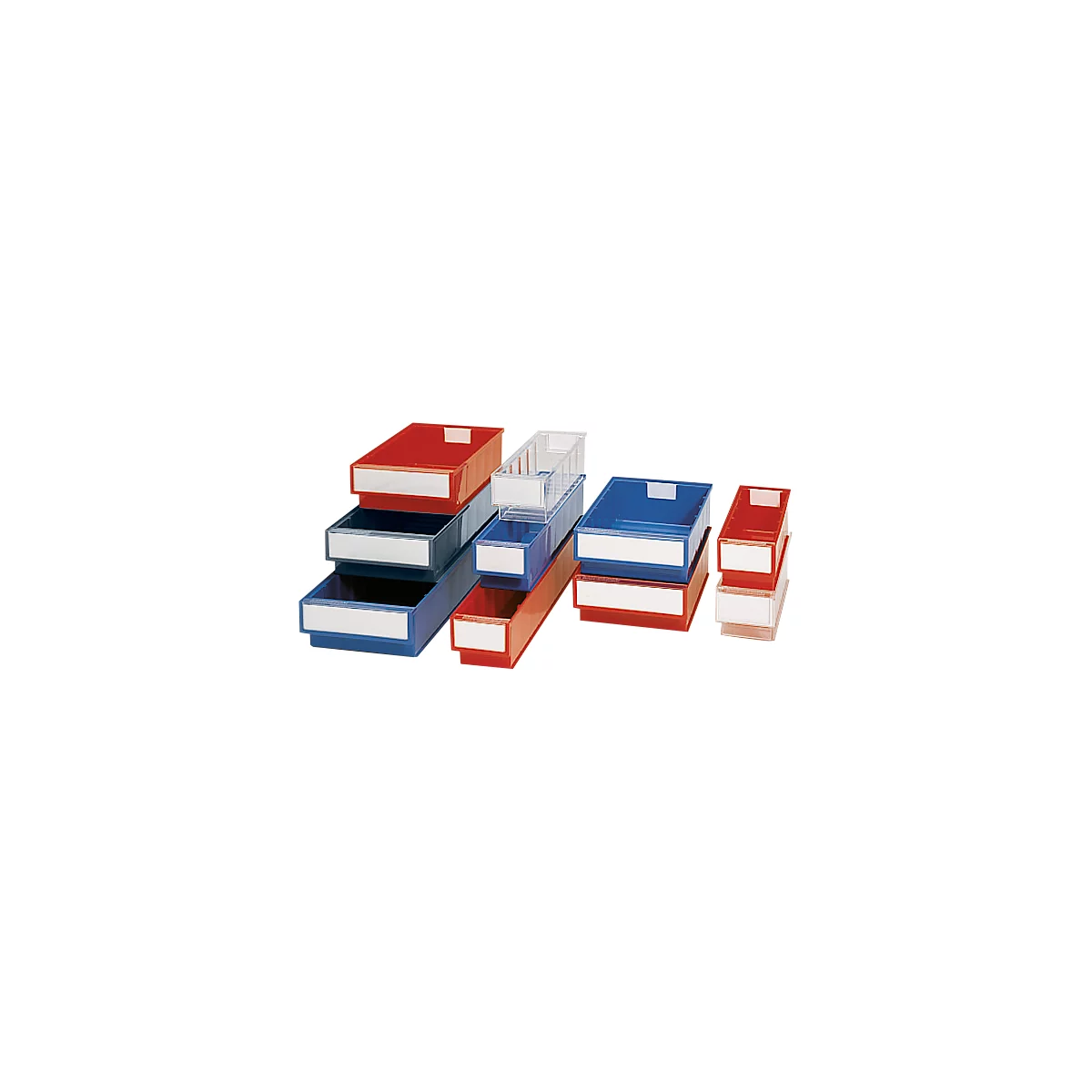 Several colored storage boxes, red, blue and transparent with labels, stacked.