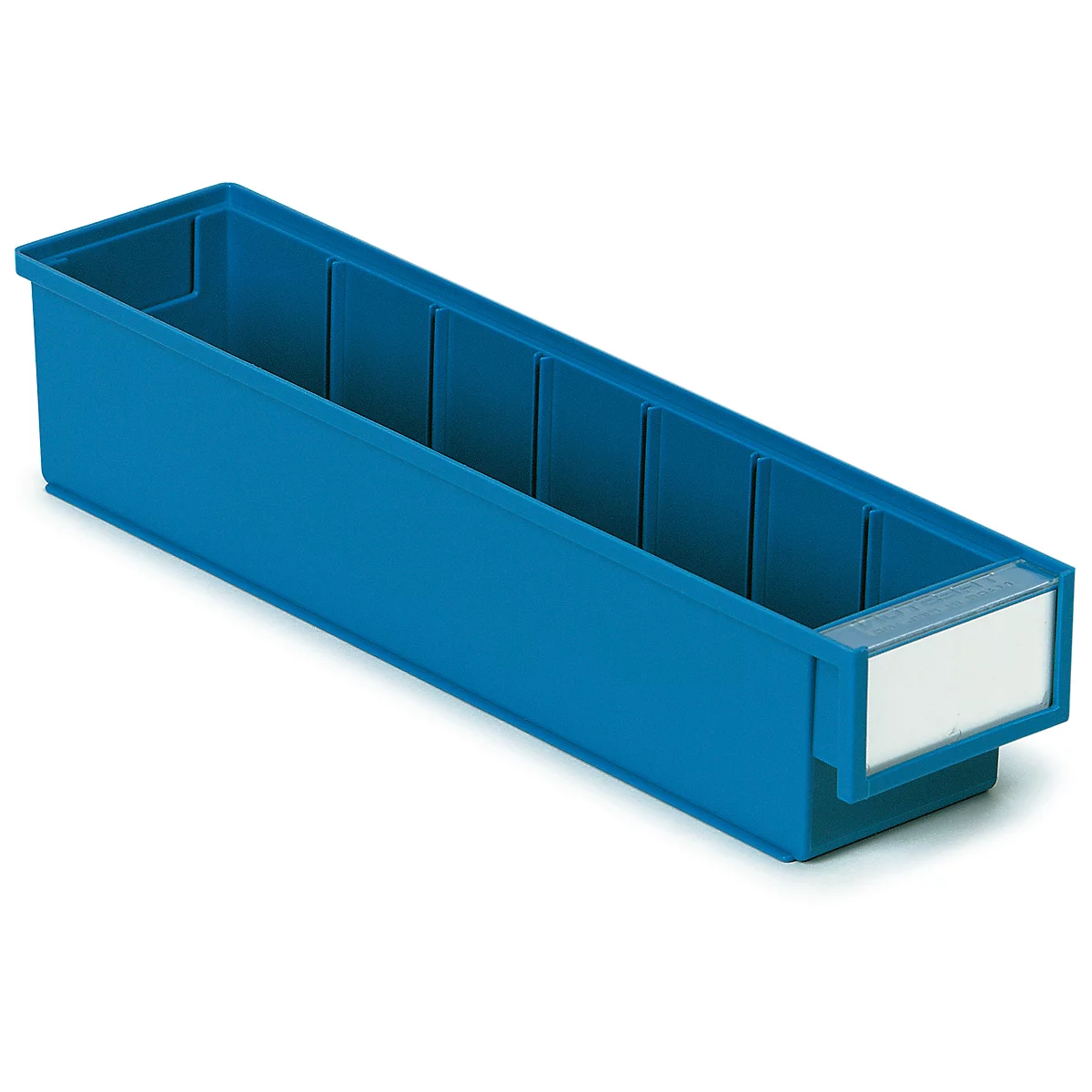 Blue plastic storage bin with dividers. A white label in front. On a bright background.