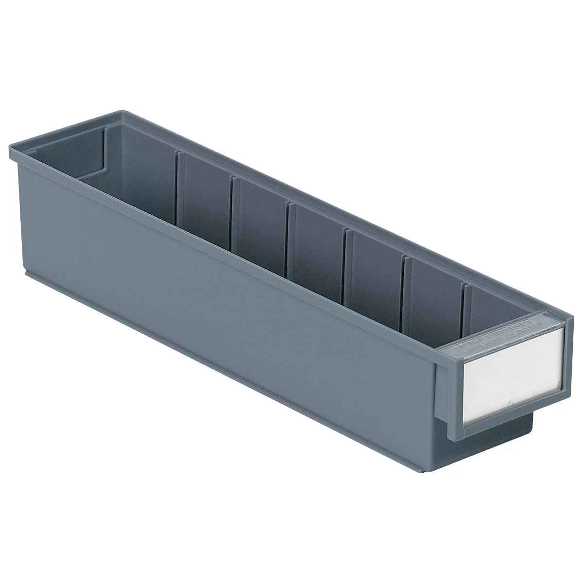 Gray plastic sorting box, with dividers and space for a label.
