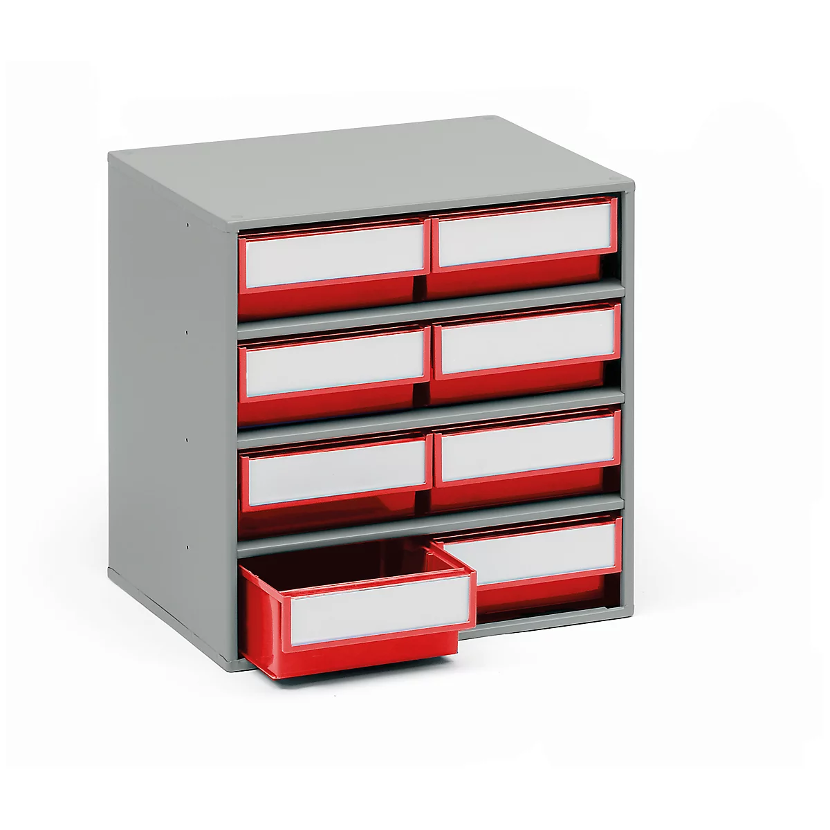 Gray cabinet with eight red drawers and white labeling fields. One drawer is open.