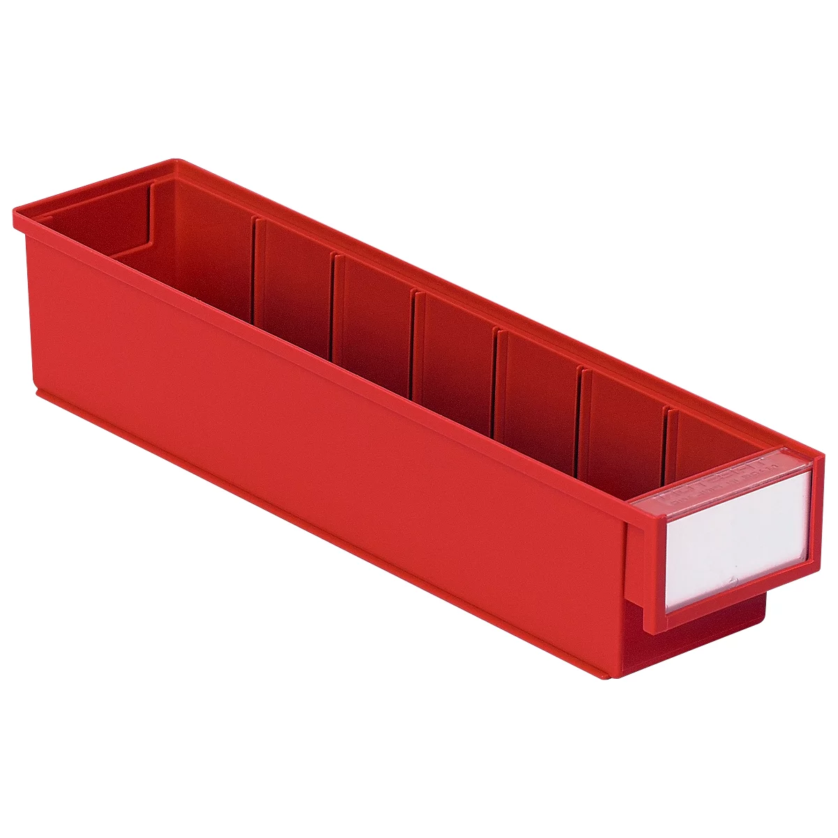 Red plastic sorting box with compartments, a white label field at the front.