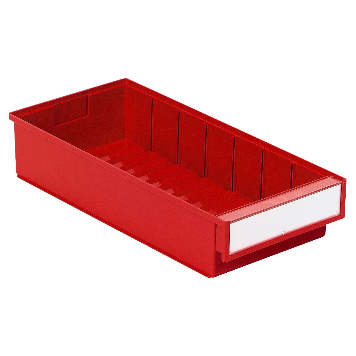 Red plastic storage box with an empty label. Multiple compartments for subdivision. The background is white.