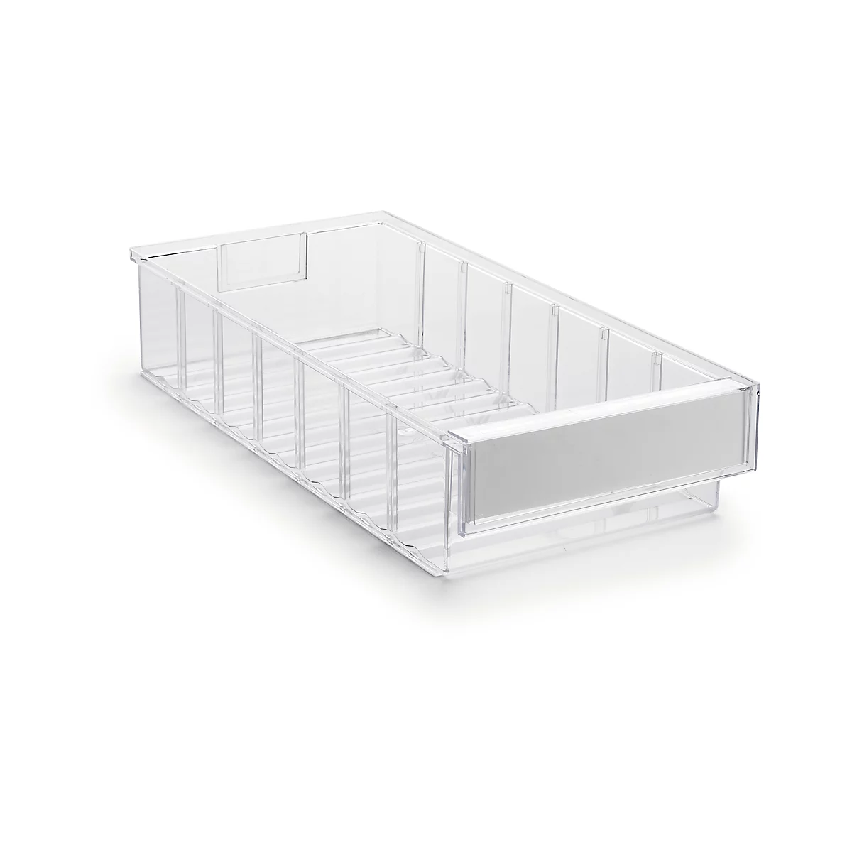Transparent, rectangular plastic box with handles and a label field.