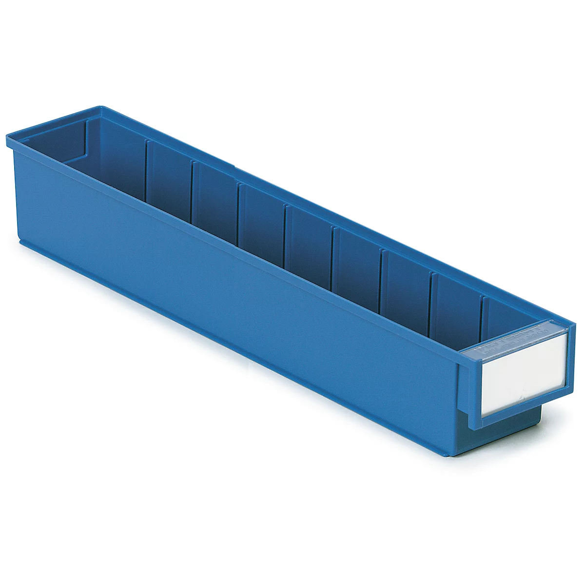 Blue, rectangular storage box with dividers. A white label at the front.