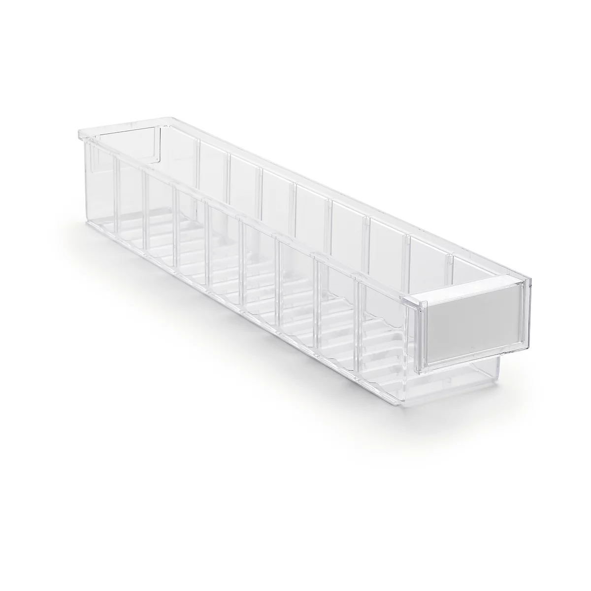Transparent rectangular box with vertical dividers and a white label. Perspective view, on a white background.