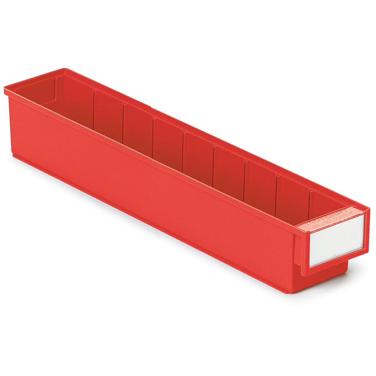 Red plastic storage bin. The long rectangular bin has multiple compartments and a white label.