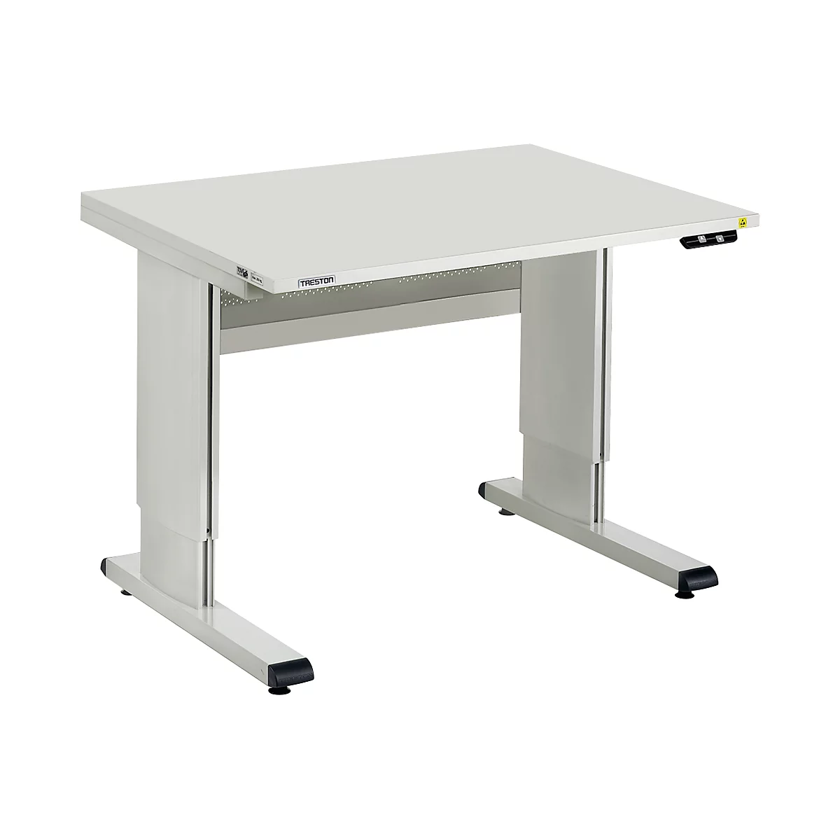 A height-adjustable white desk. It has a rectangular table frame and two height-adjustable legs.