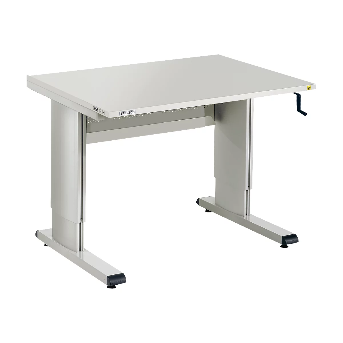 Light gray height-adjustable desk. Tabletop with crank. Black elements, lettering "Trestop".
