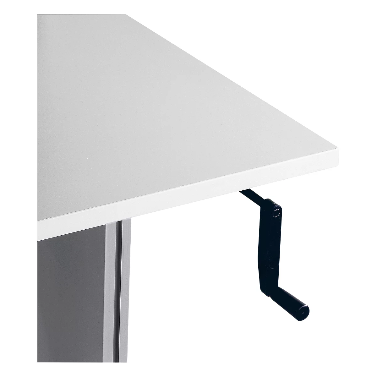 Close-up of a white table top with a black crank.