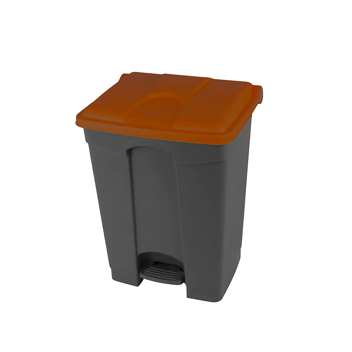 Graue Mülltonne mit orangefarbenem Deckel, rechteckige Form mit Pedal.