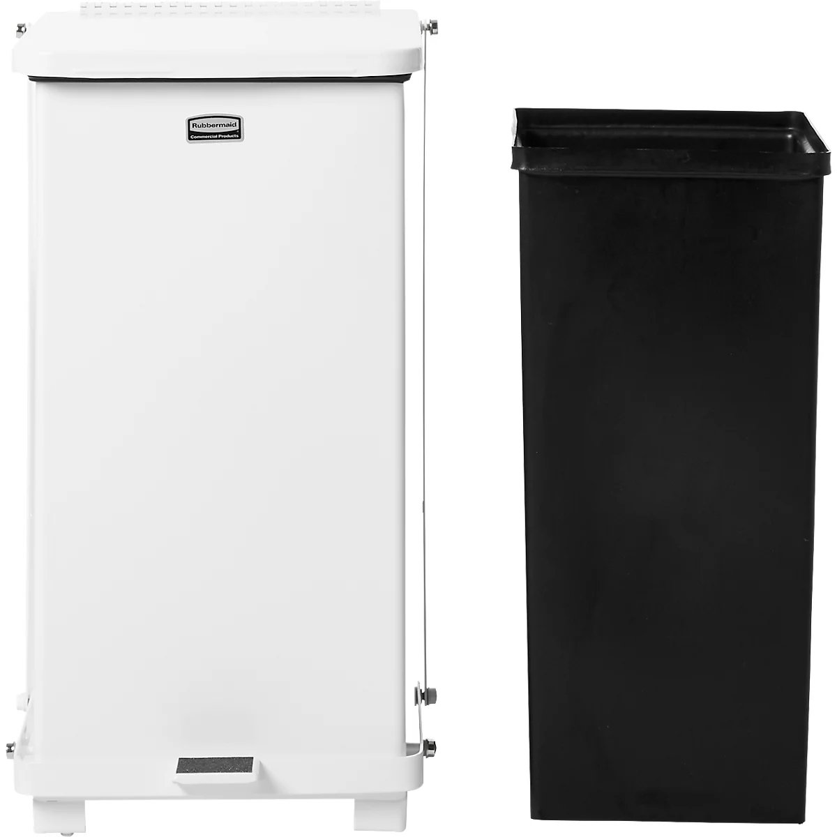 Tretabfalleimer Rubbermaid® Defenders®, rechteckig, Volumen 25 l, selbstschließender Deckel, Stahl verzinkt, weiß