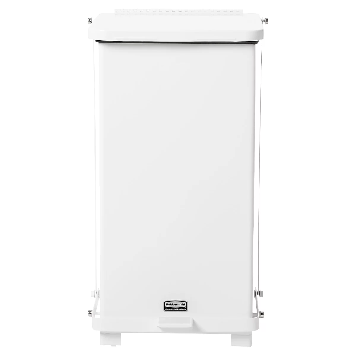 Tretabfalleimer Rubbermaid® Defenders®, rechteckig, Volumen 25 l, selbstschließender Deckel, Stahl verzinkt, weiß
