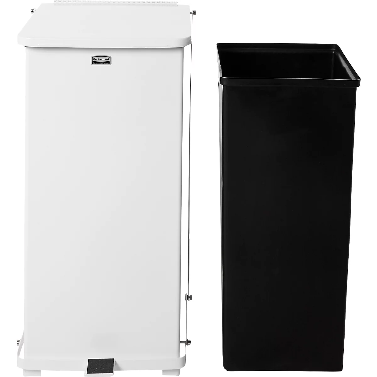 Tretabfalleimer Rubbermaid® Defenders®, rechteckig, Volumen 49 l, selbstschließender Deckel, Stahl verzinkt, weiß