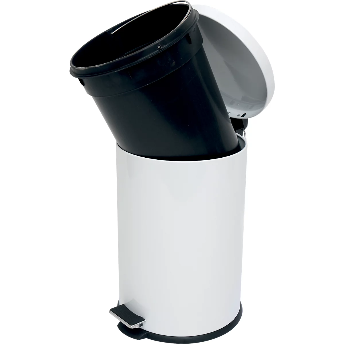 Treteimer MSV, rund, Volumen 20 l, rund, für den Innenbereich, mit Griff & herausnehmbarem Inneneimer, L 295 x B 295 x H 440 mm, Stahl & Kunststoff, weiss