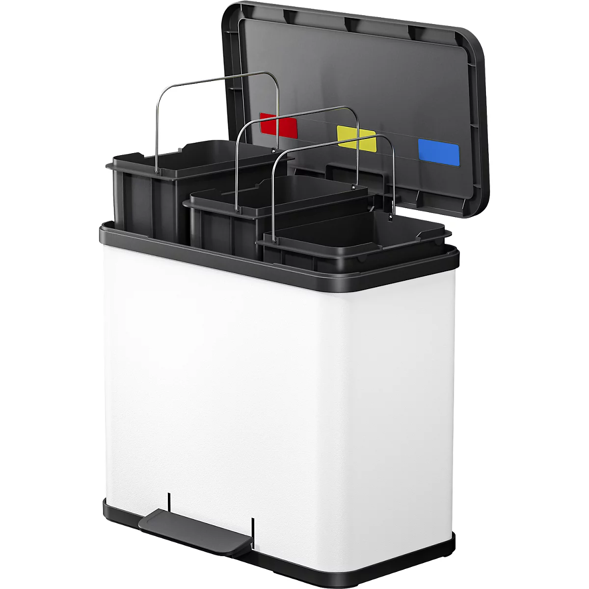 Weißer Abfalleimer mit drei Inneneimern, geöffnetem Deckel, farbigen Markierungen und Fußpedal.