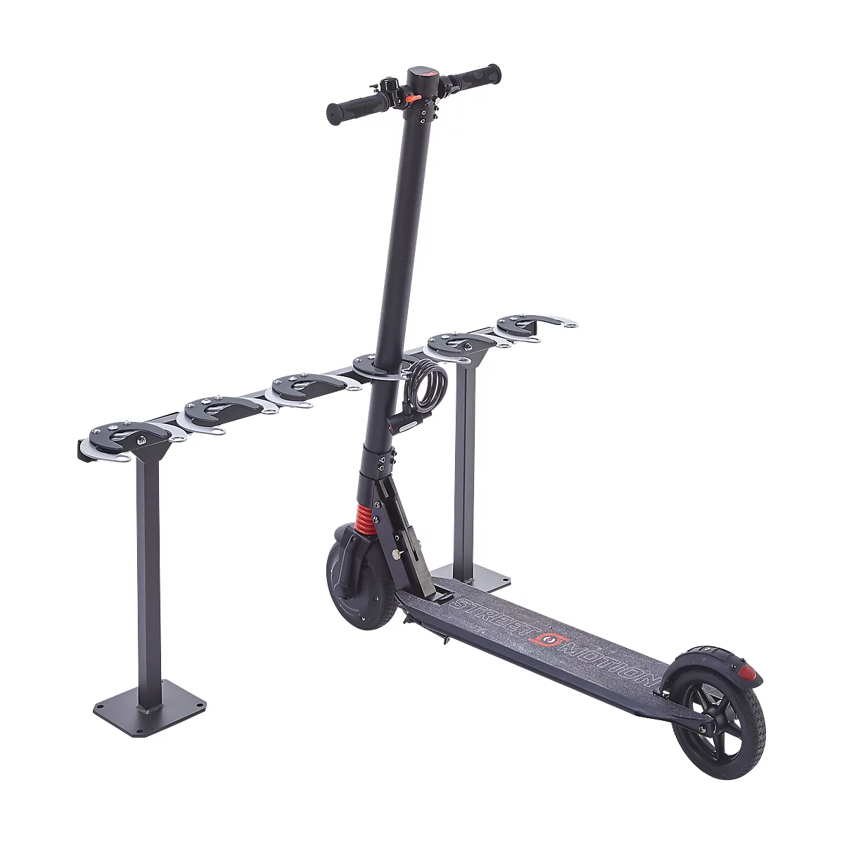 Tretrollerständer, 1-seitig, 6 Einstellplätze, mit Diebstahlschutz, B 1060 x T 175 x H 500 mm, Stahl pulverbeschichtet, anthrazit-schwarz, zum Aufdübeln