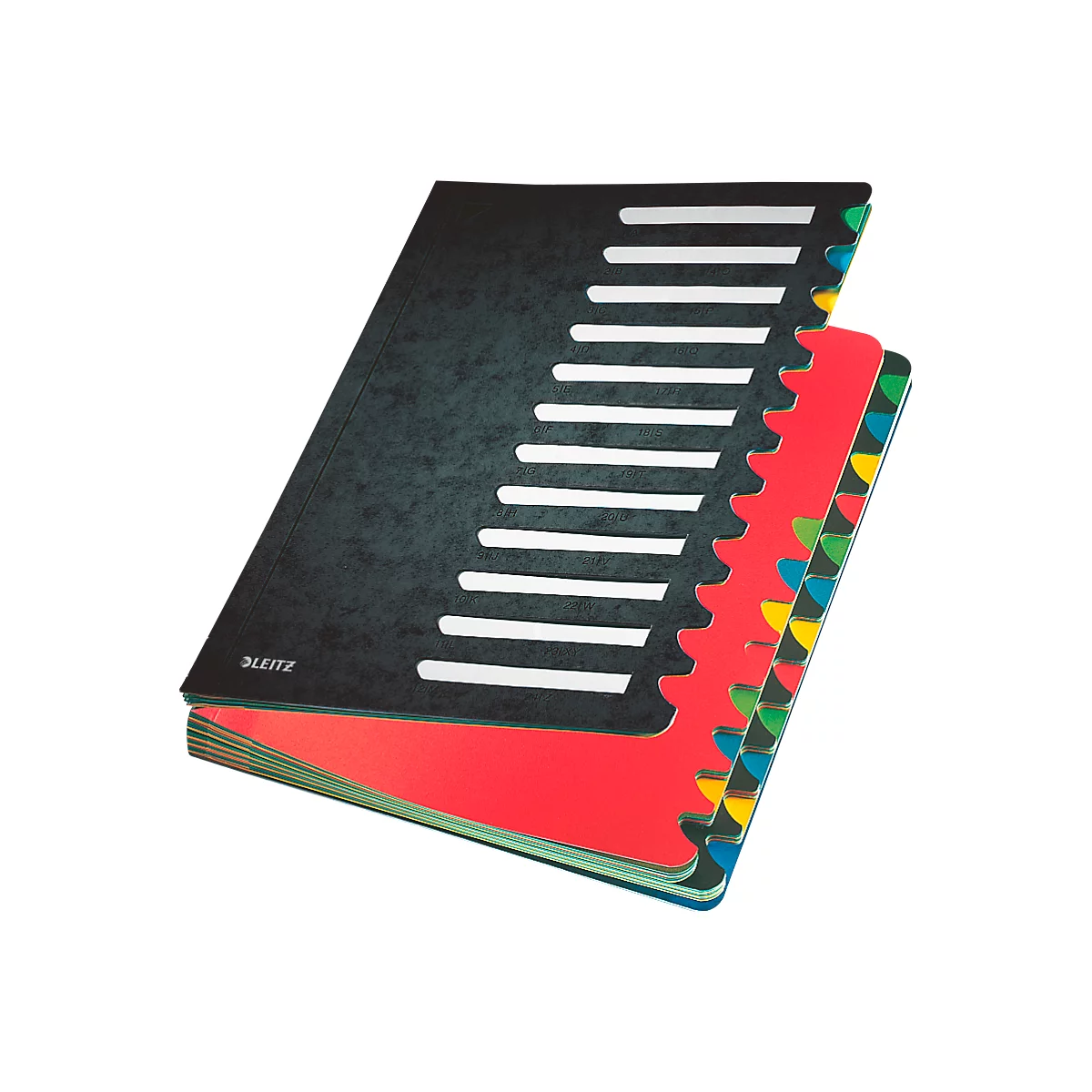 Classeur avec intercalaires colorés. Couverture noire avec des marques blanches. Les intercalaires sont rouges, verts, jaunes et bleus.