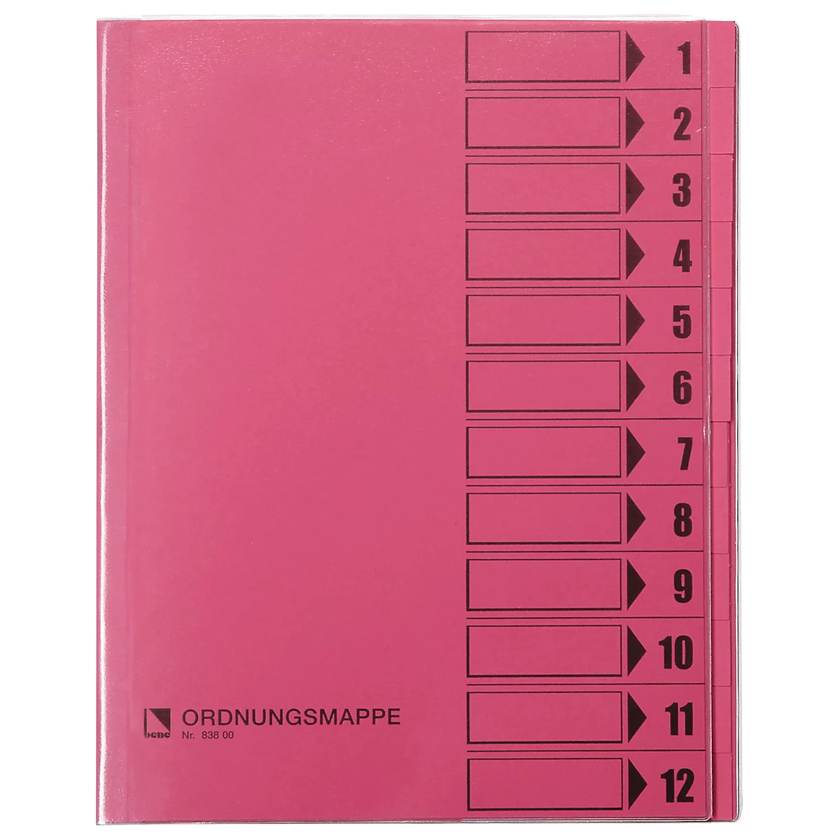Un classeur rose avec 12 onglets et étiquettes. Texte imprimé : 'Ordnermappe'.