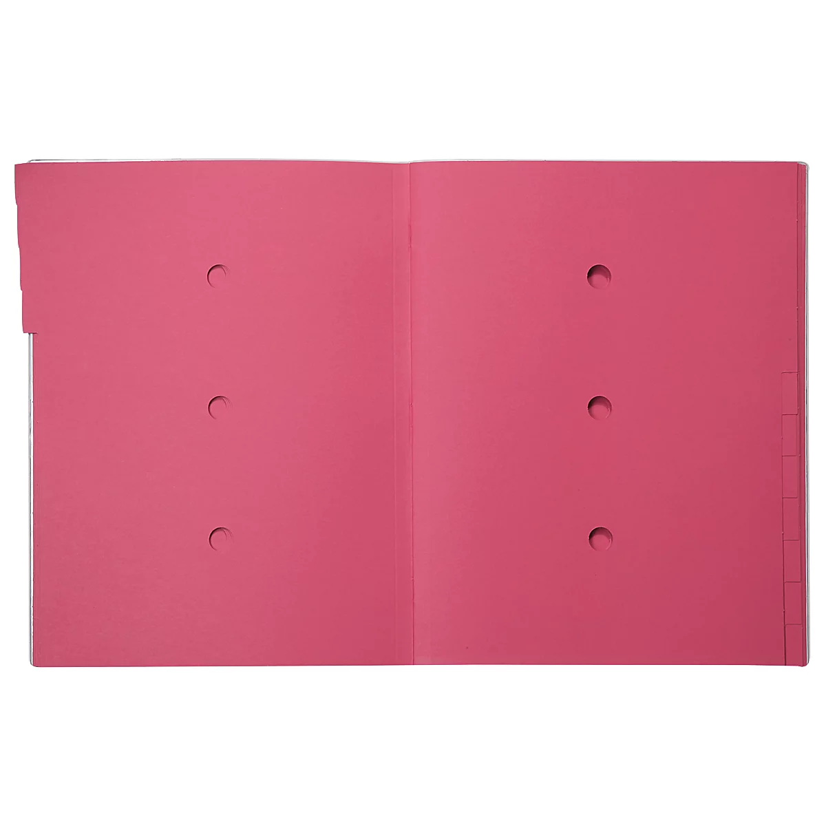 Dossier de documents rose ouvert avec perforations. Un petit registre est visible à droite.