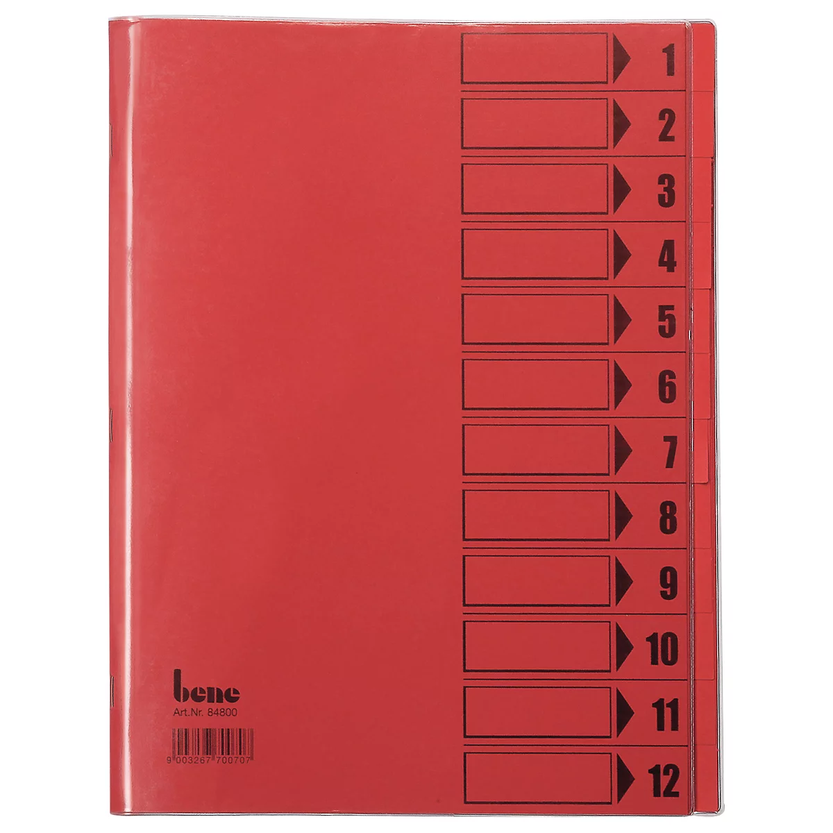 Classeur rouge avec 12 onglets avec des numéros noirs et des champs de texte. Logo, code-barres en bas à gauche.