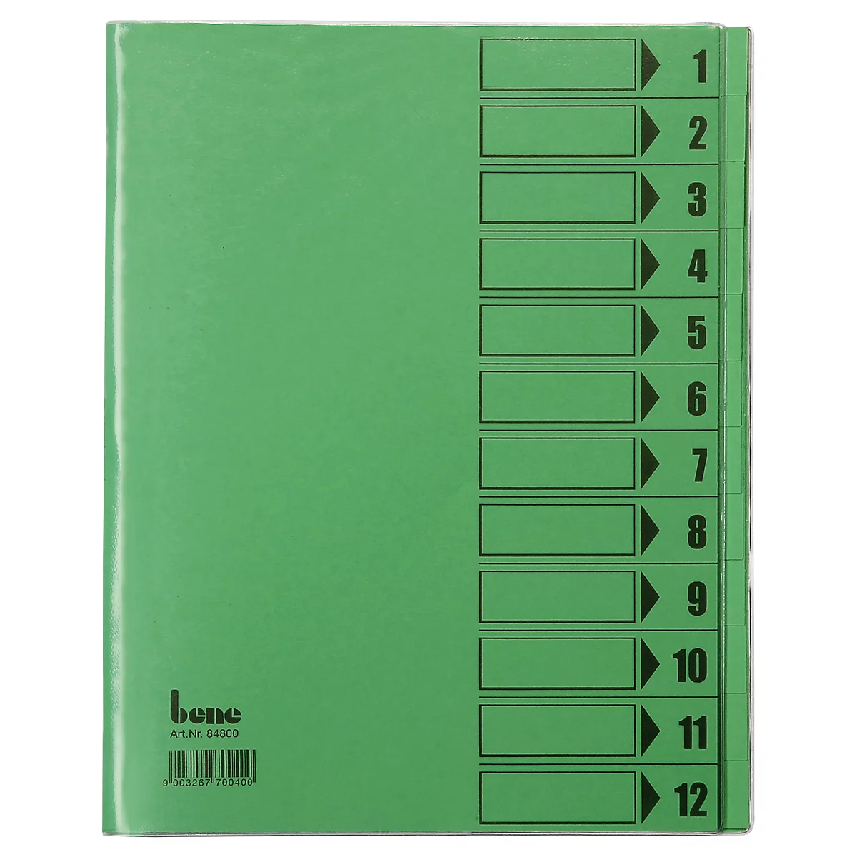 Classeur vert avec 12 onglets, étiquettes et numéros, marque bene.