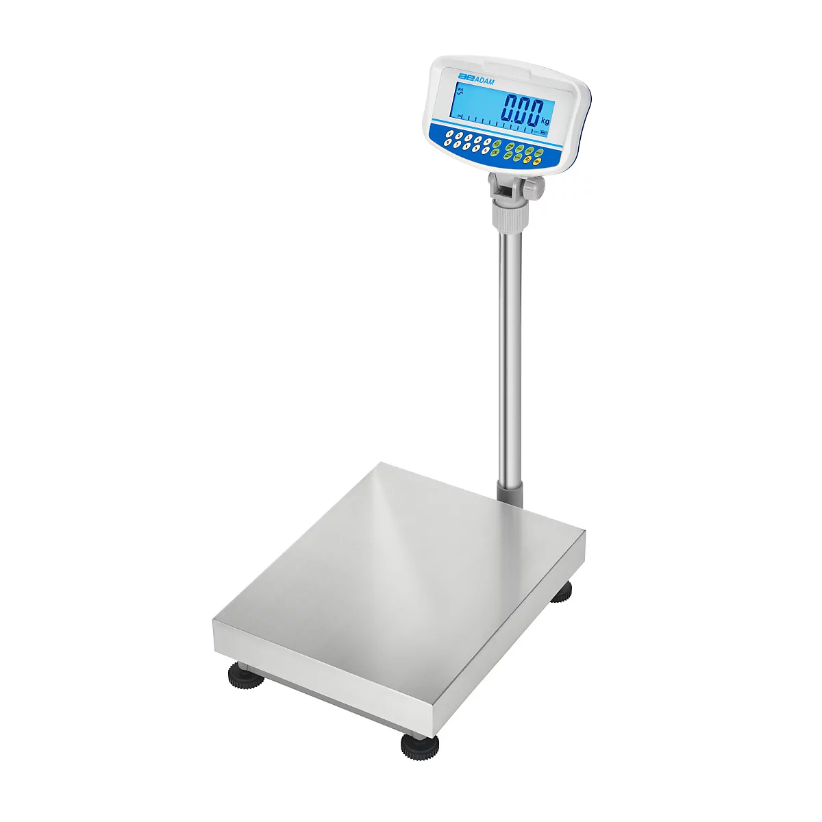 Balance numérique avec affichage : 0,00. Plateforme en acier inoxydable, affichage blanc. Quatre pieds noirs.