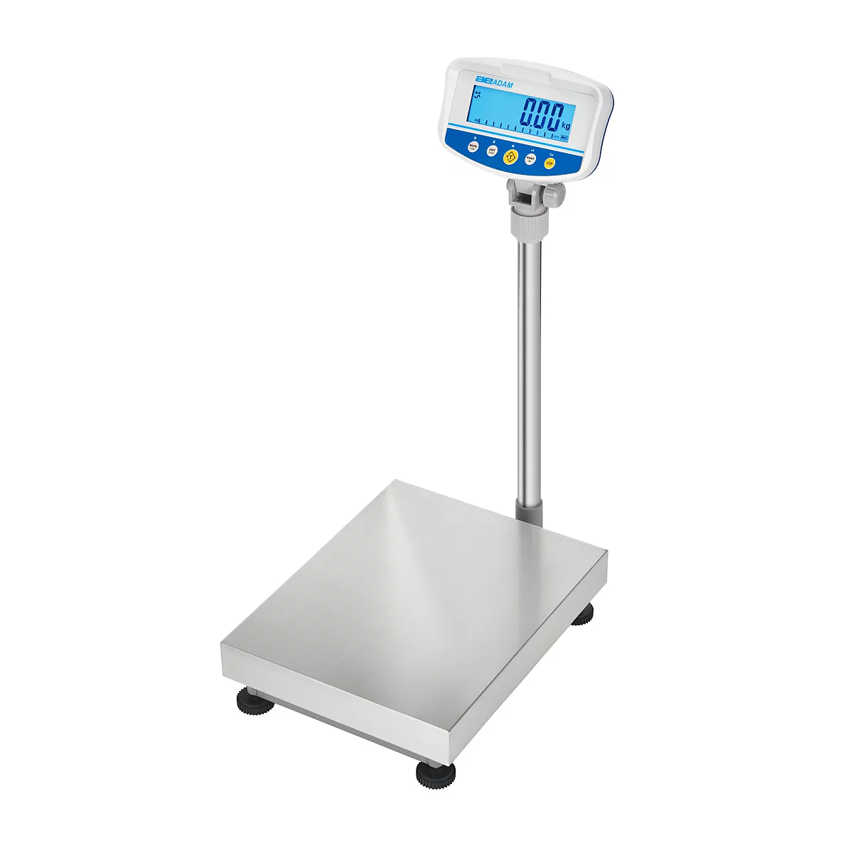 Balance numérique à plate-forme avec écran bleu, affichant : 0,000. Surface de pesée en acier inoxydable.