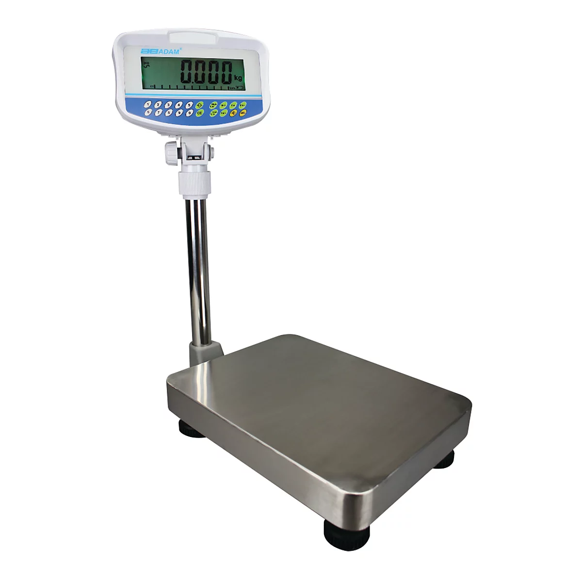 Balance numérique avec écran et boutons de commande, affichant 0000 kg. Plateau de pesée en métal. Debout.