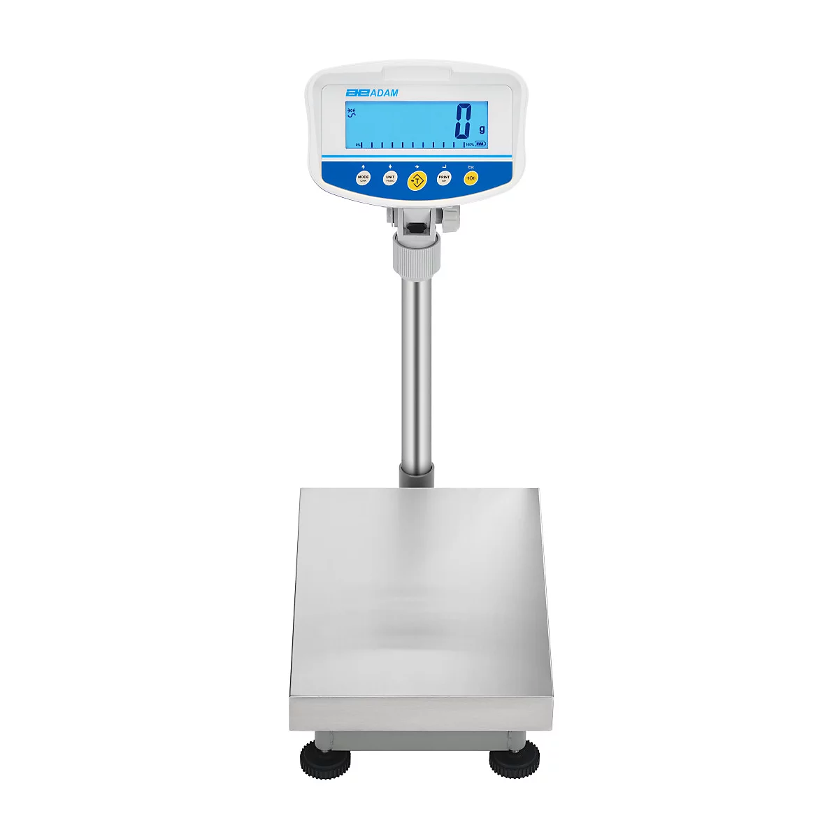 Balance numérique avec écran bleu, affichant "0". La balance se compose d'une plateforme en acier inoxydable, d'un mât et d'un boîtier d'affichage.