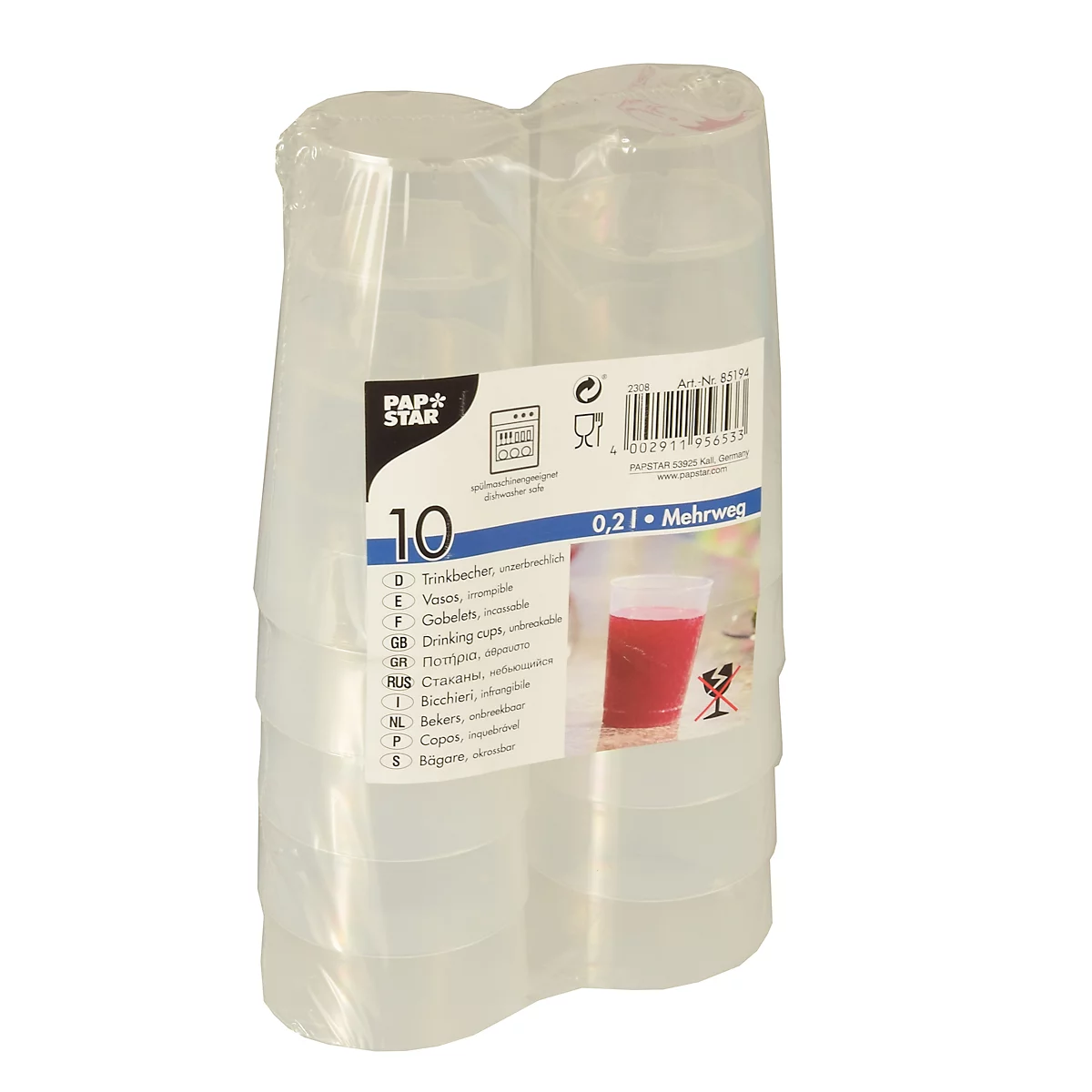 Trinkbecher Papstar, Mehrweg, 0,2 l, Ø 65 mm, mit Füllstrich & Stapelkante, unzerbrechlich, spülmaschinengeeignet, r, PP, transluzent, 10 Stück