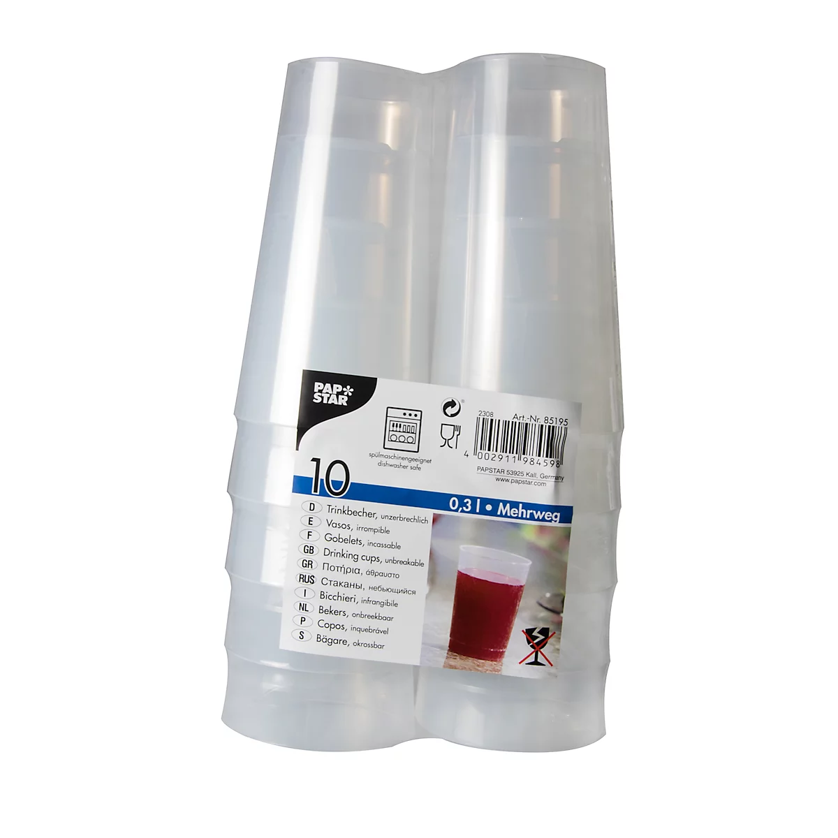 Trinkbecher Papstar, Mehrweg, 0,3 l, Ø 70 mm, mit Füllstrich & Stapelkante, unzerbrechlich, spülmaschinengeeignet, r, PP, transluzent, 10 Stück