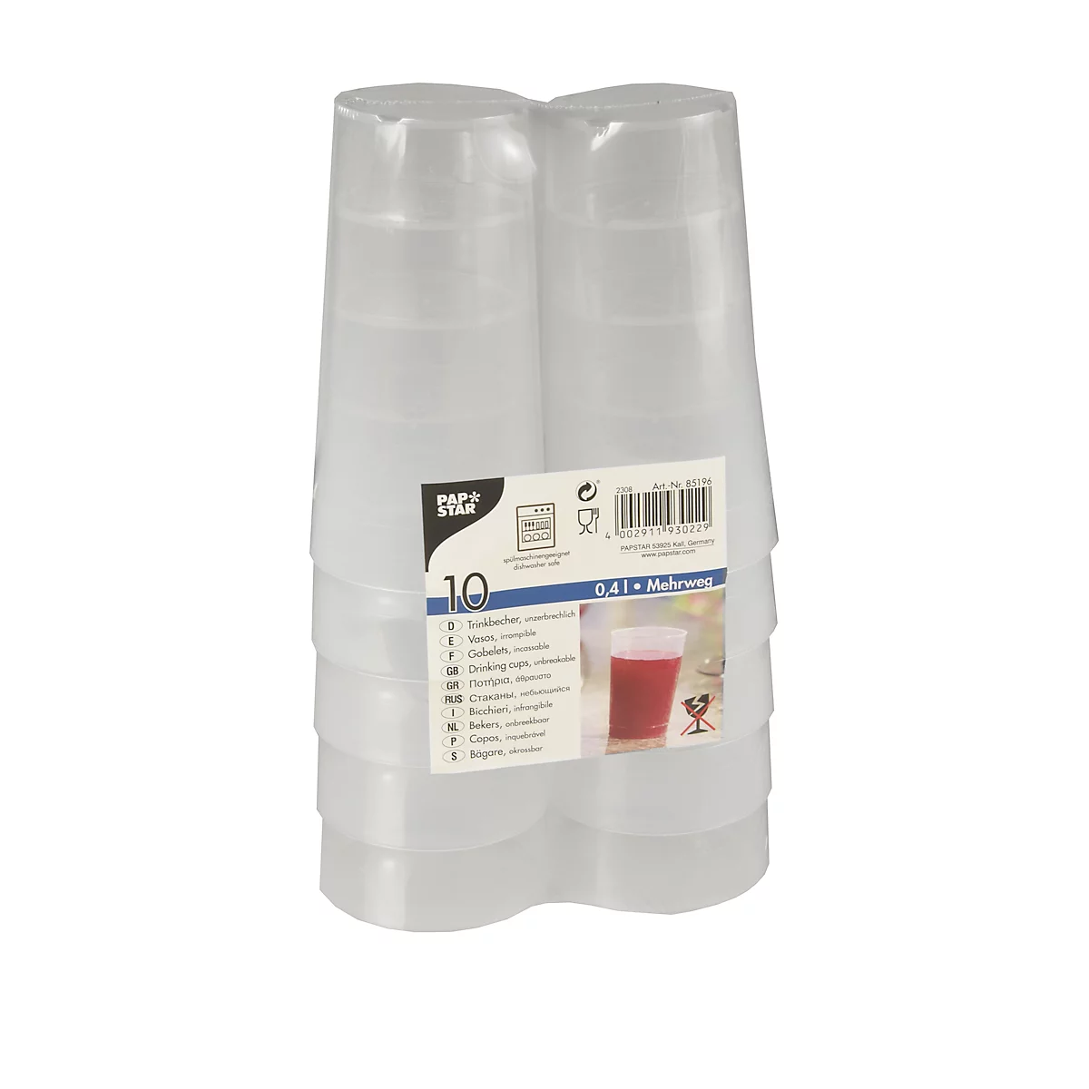 Verpackte Plastikbecher: zehn transparente Becher, etikettiert.