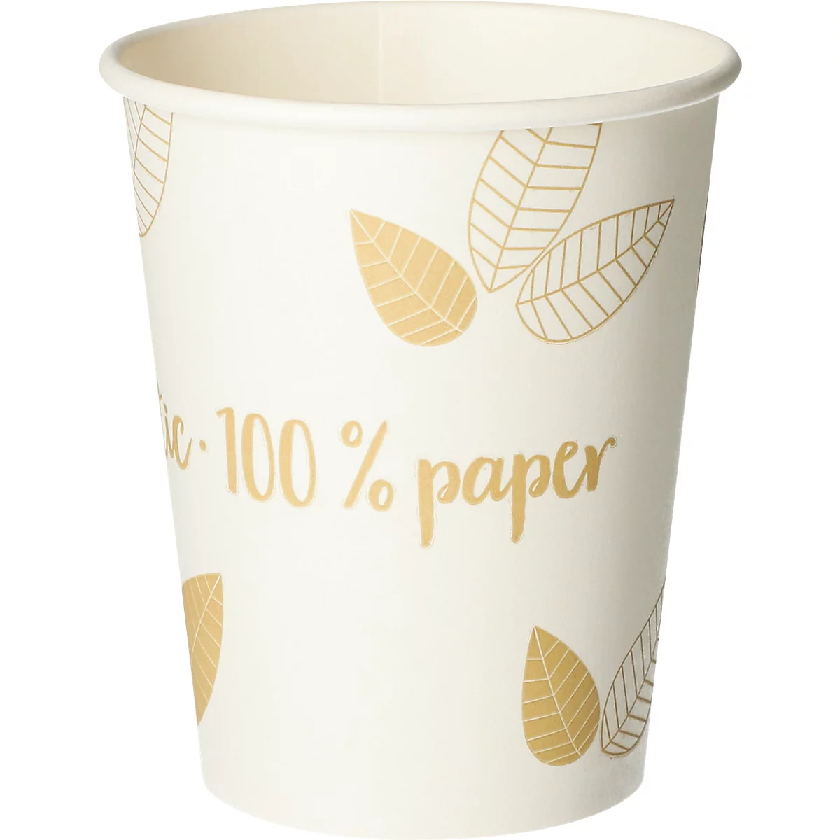 Becher aus Papier mit goldenen Blättern, Aufschrift 100% Papier.