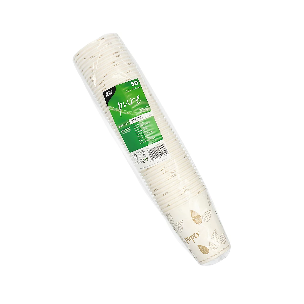 Trinkbecher Papstar Pure Zero, Einweg, 0,2 l, Ø 80 x H 92 mm, zu 100 % biologisch abbaubar & aus FSC®-zertifizierter Pappe, cremefarben, 50 Stück