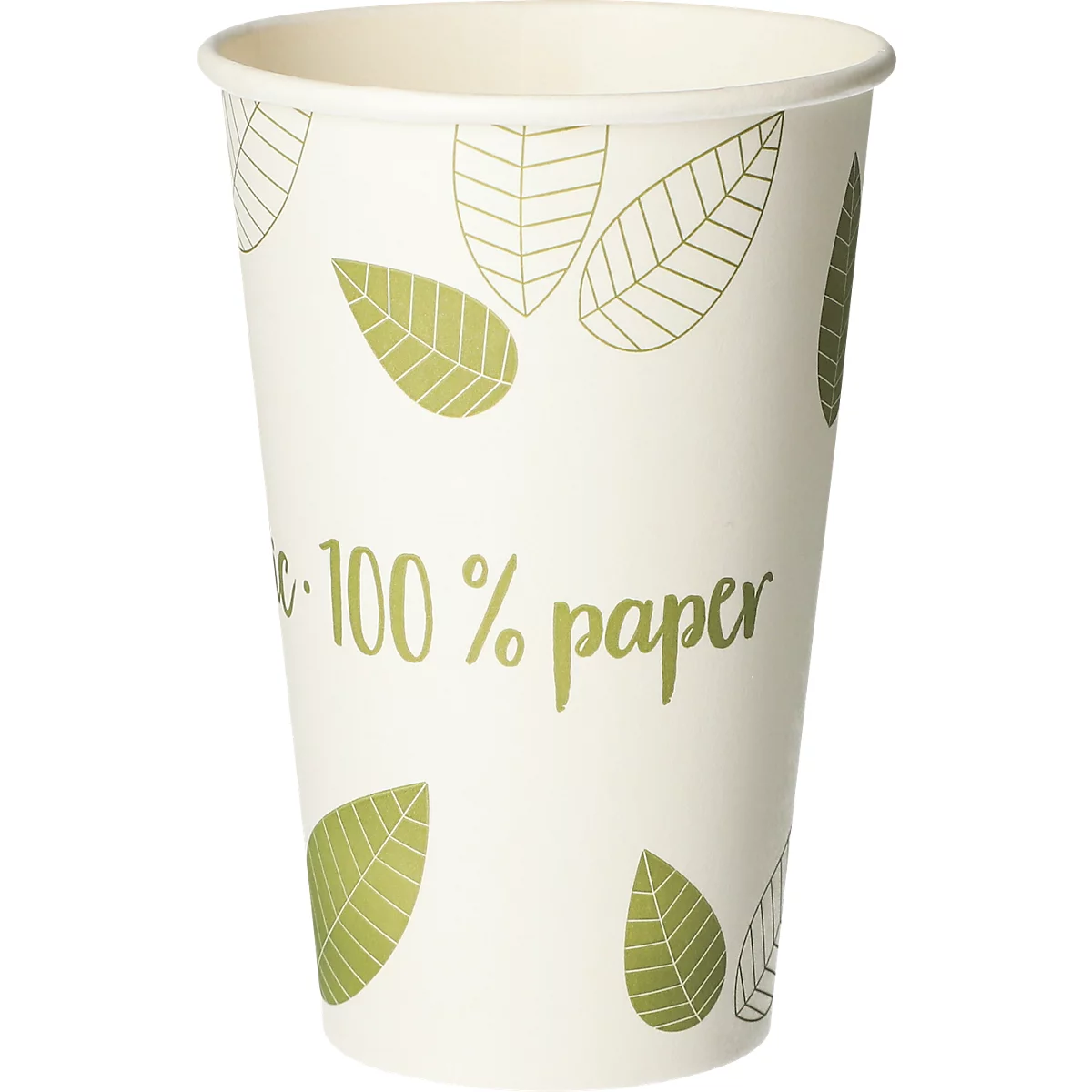 Pappbecher mit grünem Blättermuster, Schriftzug: 100% Paper.