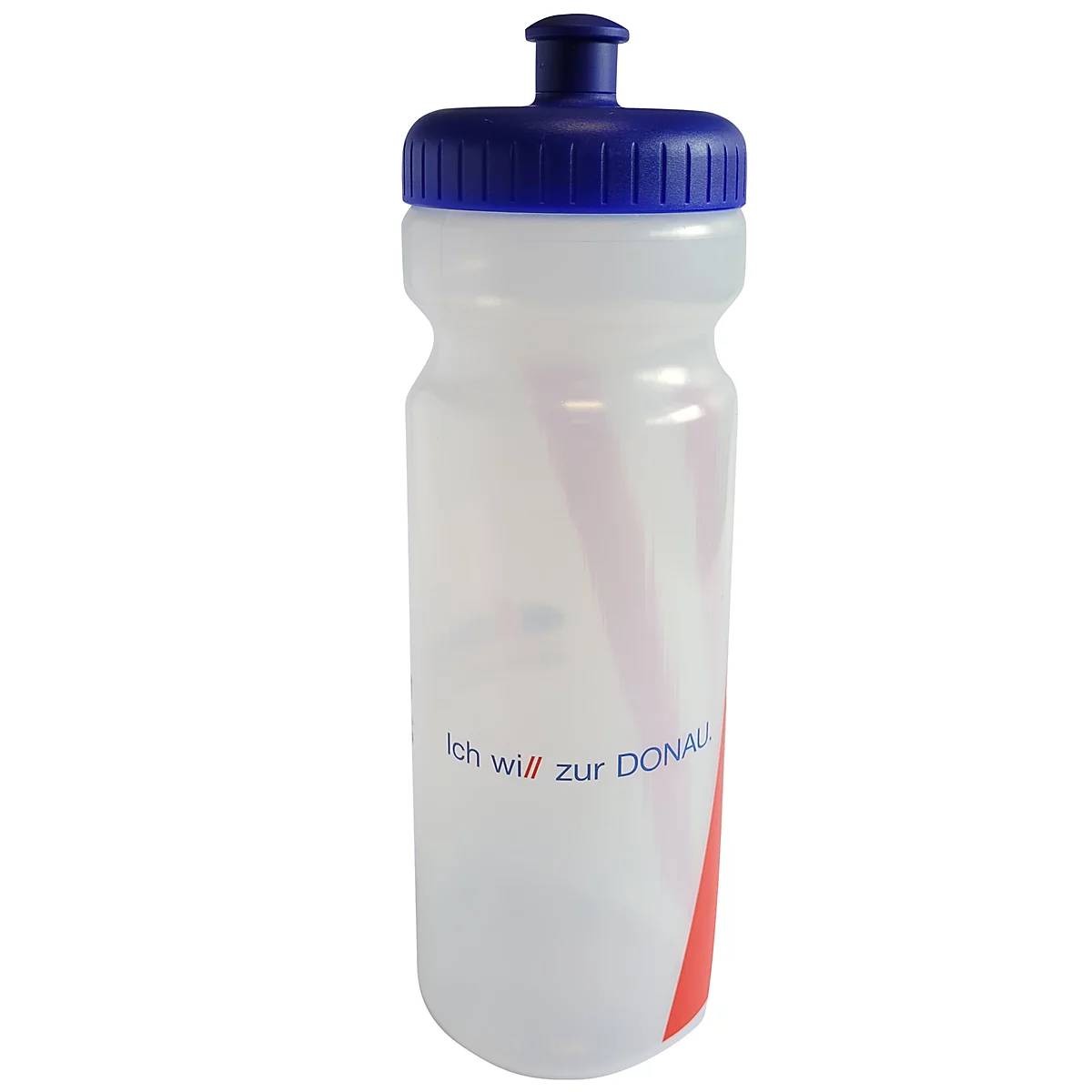 Eine transparente Trinkflasche mit blauem Deckel und Aufschrift "Ich will zur DONAU". Ein roter Streifen verläuft an der Seite.