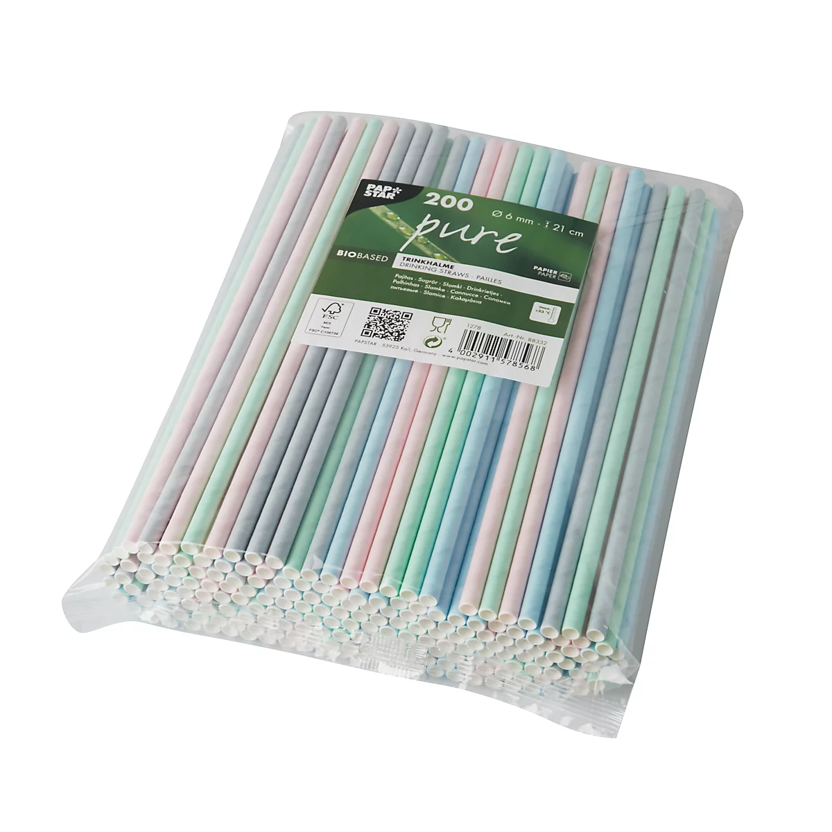 Trinkhalme Papstar, Einweg, L 210 x Ø 6 mm, aus FSC®-zertifiziertem Papier, farbsortiert, 200 Stück