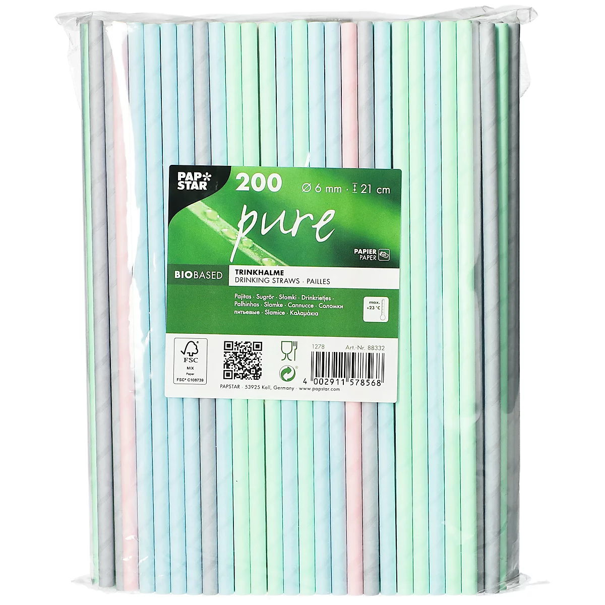 Trinkhalme Papstar, Einweg, L 210 x Ø 6 mm, aus FSC®-zertifiziertem Papier, farbsortiert, 200 Stück