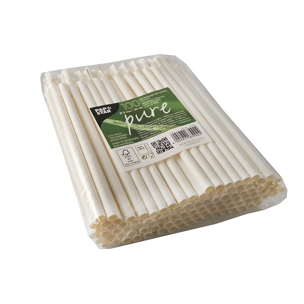 Trinkhalme Papstar Pure, mit Löffel, Einweg, L 200 x Ø 8 mm, aus FSC®-zertifiziertem Papier, weiß, 100 Stück