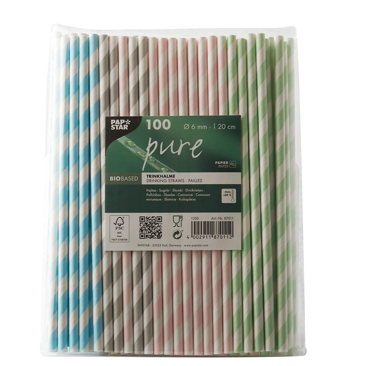 Trinkhalme Papstar Stripes, Einweg, L 200 x Ø 6 mm, aus FSC®-zertifiziertem Papier, farbsortiert, 100 Stück