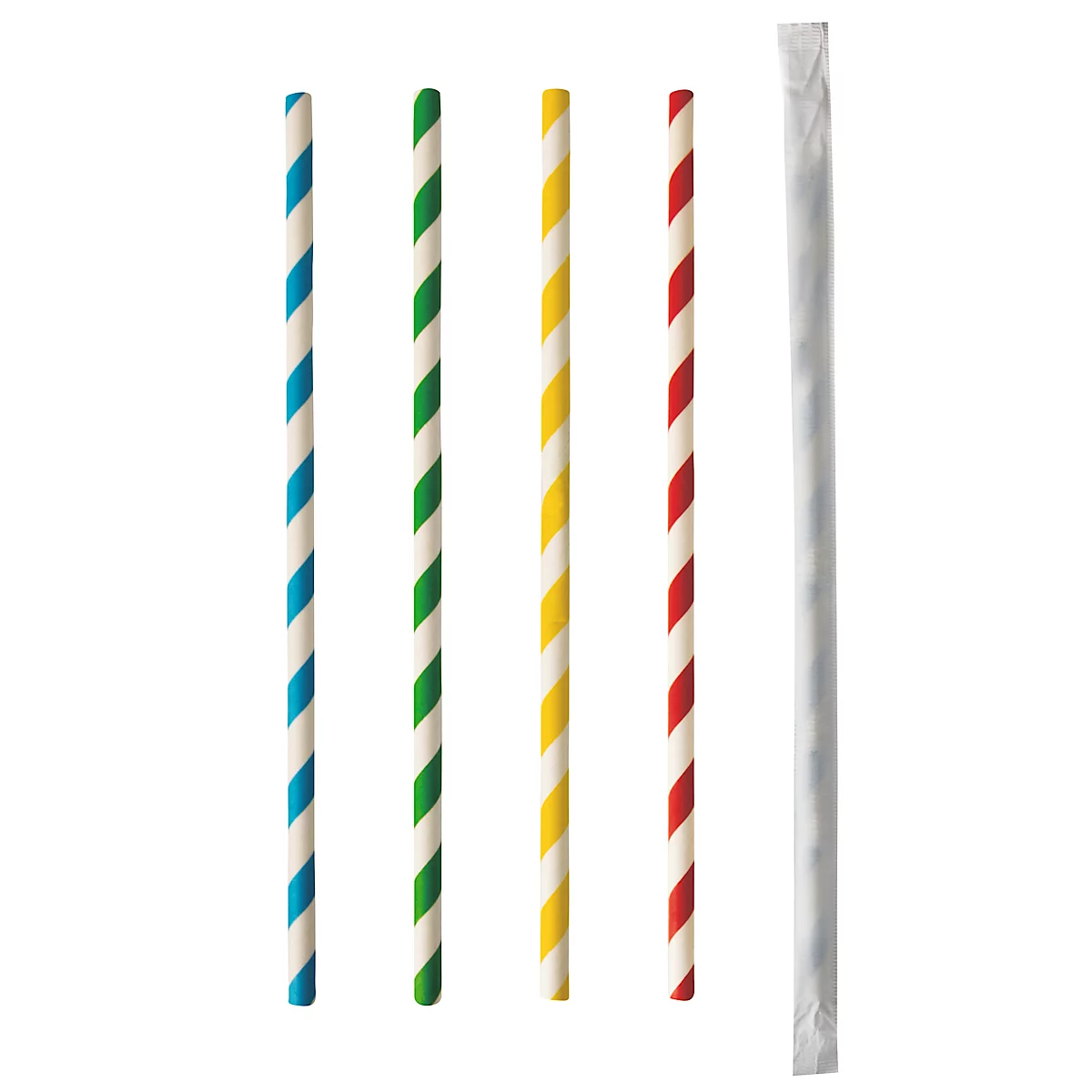 Trinkhalme Papstar Stripes, Einweg, L 200 x Ø 6 mm, einzeln umhüllt, aus FSC®-zertifiziertem Papier, farbsortiert, 100 Stück