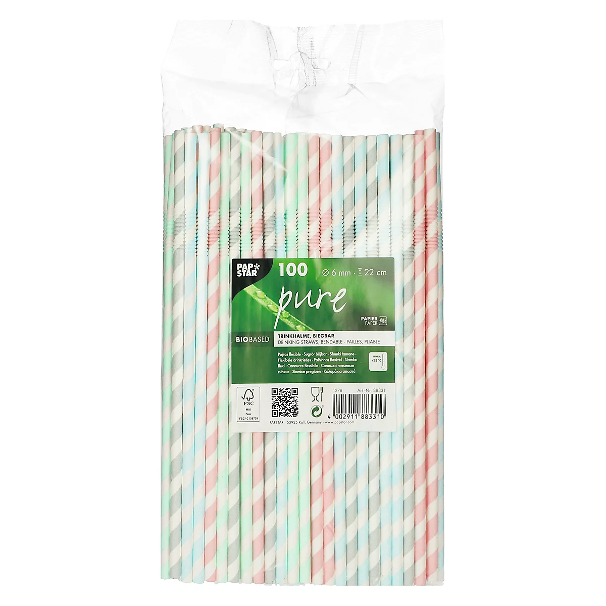 Trinkhalme Papstar Stripes, Einweg, L 220 x Ø 6 mm, flexibel bieg- & knickbar, aus FSC®-zertifiziertem Papier, farbsortiert, 100 Stück