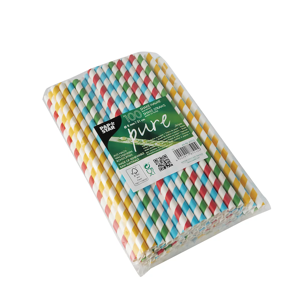 Trinkhalme Papstar Stripes, für Shakes, Einweg, L 210 x Ø 8 mm, aus FSC®-zertifiziertem Papier, farbsortiert, 100 Stück