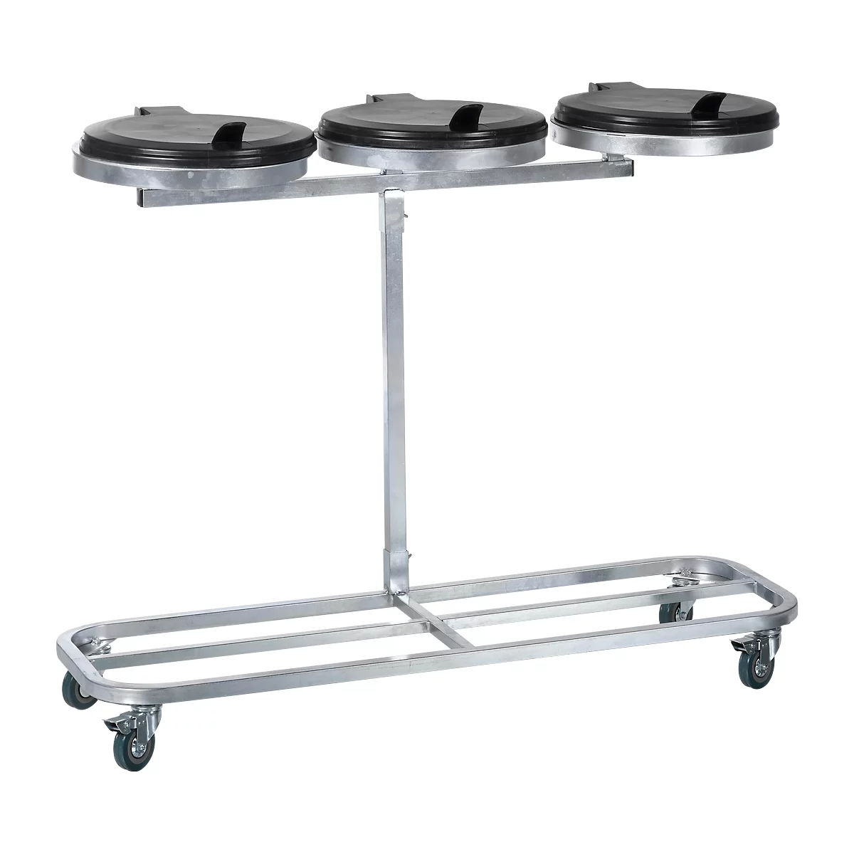 Triple trash receptacle on wheels, with black lids and silver frame.