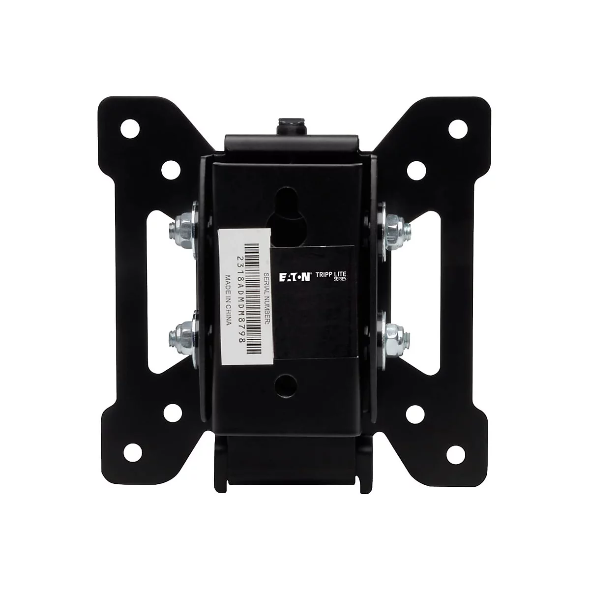 Support métallique noir, fixé avec des vis. Autocollant avec numéro de série, "Eaton Tripp Lite Series", "Made in China".