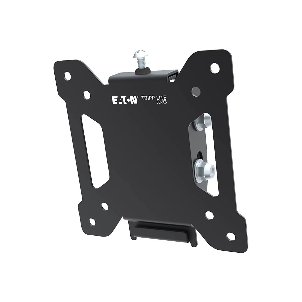 Support TV noir avec vis et logo. Le produit est photographié sur fond blanc.